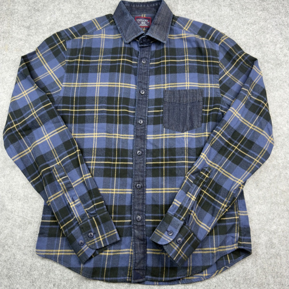 UNTUCKit Napon Blue Plaid Flannel Shirt Men's Small Slim Denim Trim EUC‎